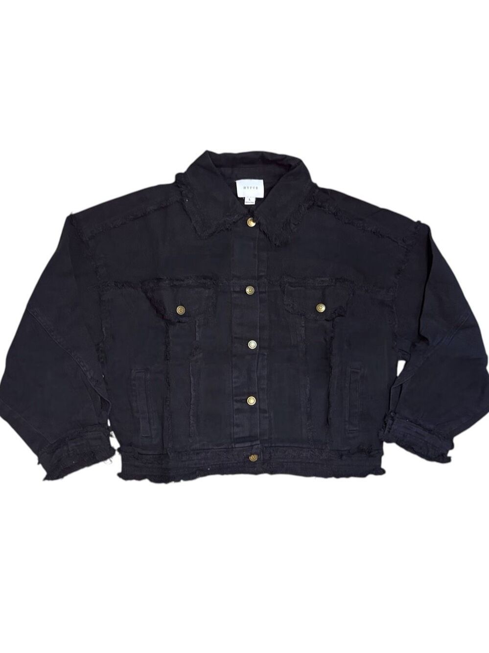 Black Oversized Raw Hem Denim Shacket Jacket Frayed Trucker Button Up HYFVE L - Picture 11 of 15